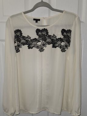 Talbots Ivory Blouse with Black Lace Yoke